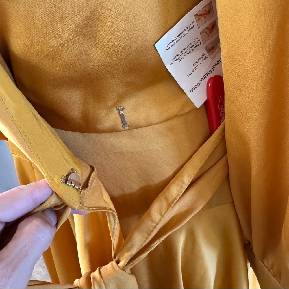Mac Duggal Satin Wrap Mini Dress • Gold Mustard Long Sleeve Fit & Flare • Size 6 - Picture 10 of 16